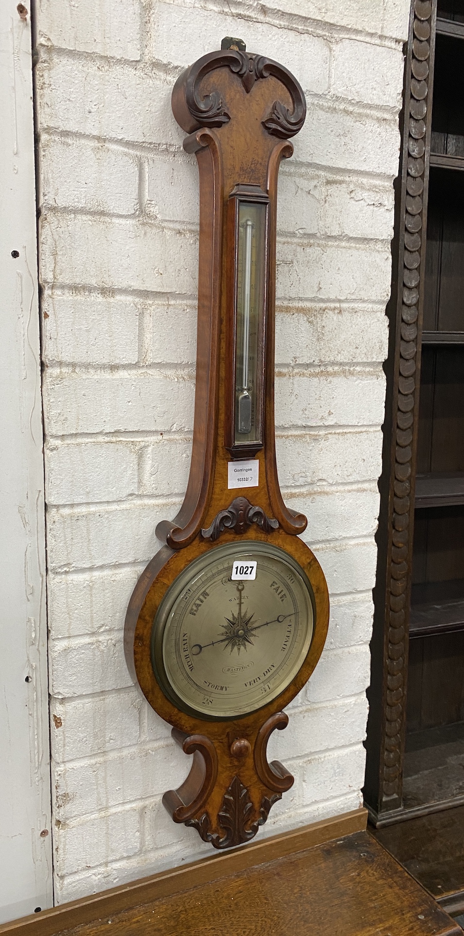 A Victorian pollard oak barometer and thermometer marked Warren of Hastings, height 92cm